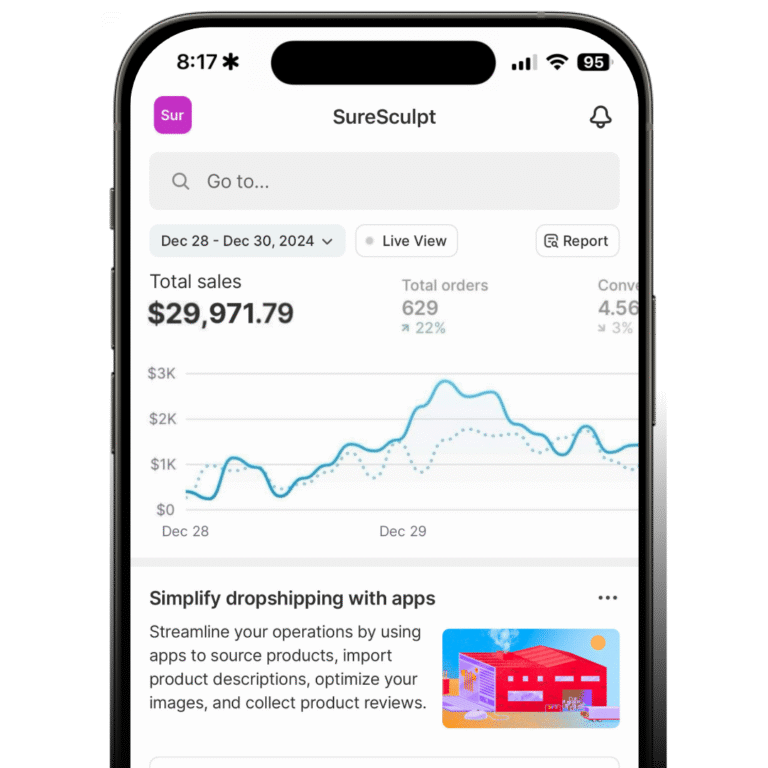 Shopify dashboard showing $29,971.79 in sales
